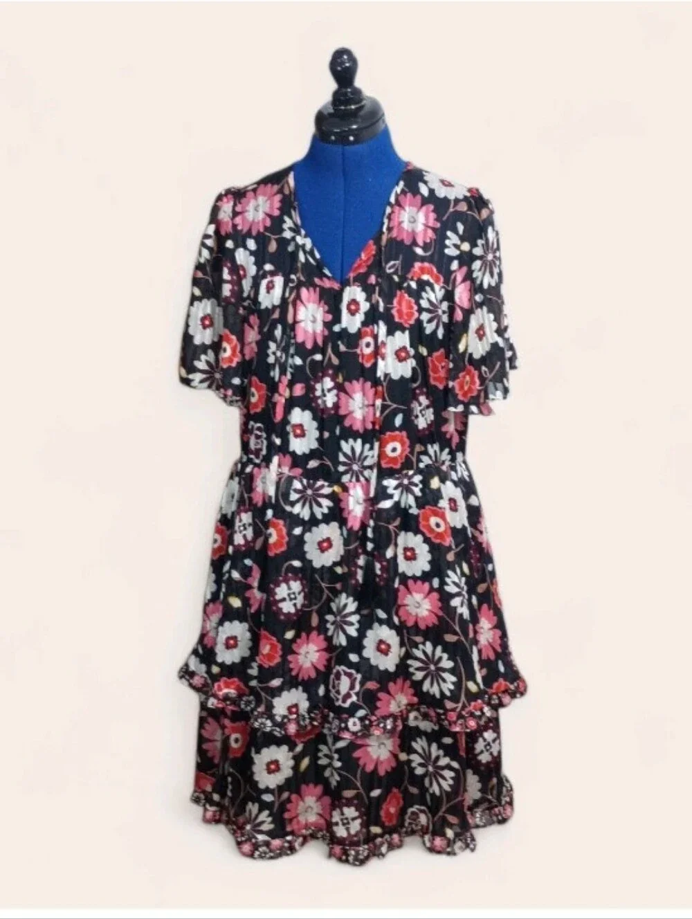 kate spade Floral Tiered Dress in Black, Pink & White